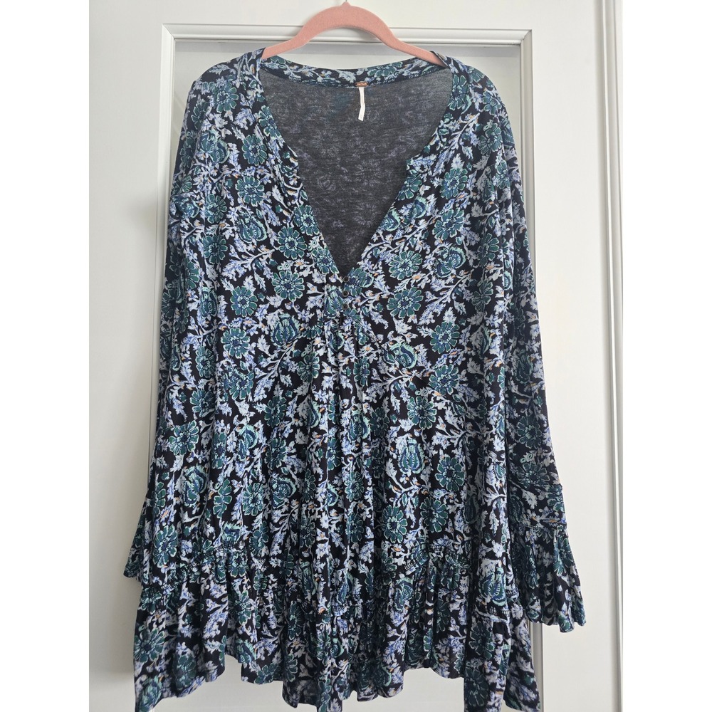 Free People Olivia Tunic Top XS Floral Print Long Sleeve Ruffle Hem Boho Casual‎